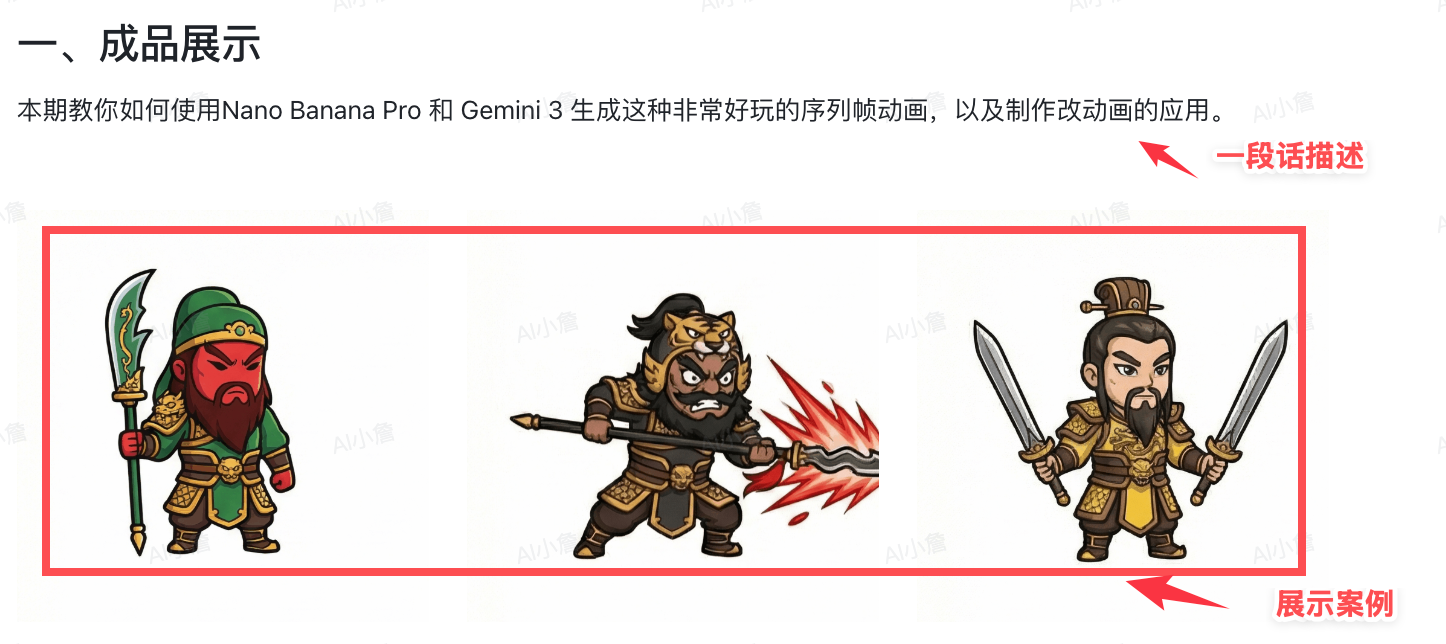 成品展示章节示例：一段话描述在上，三张成品图在下